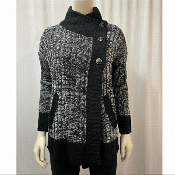 Beechers Brook New York Sweaters - Beechers Brook Knit Cardigan, Button Up, Black and Grey, Size Med​ium